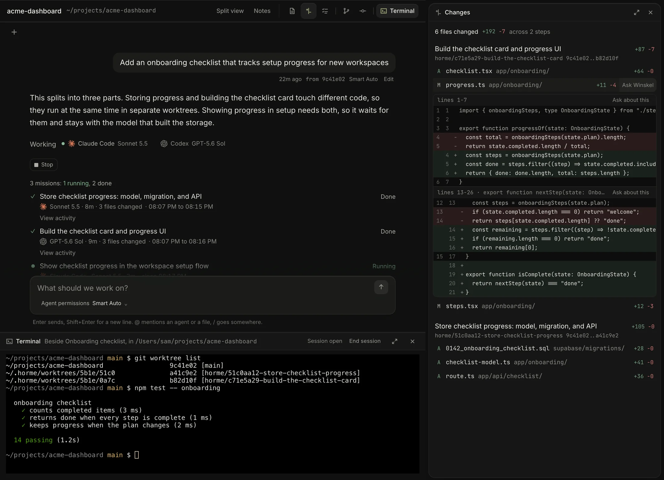 Winskel beside real code. The Changes panel groups the changed files by part and branch and shows a diff of progress.ts with Ask about this links. The terminal below lists the Git worktree for each part and runs the onboarding tests, 14 passing.