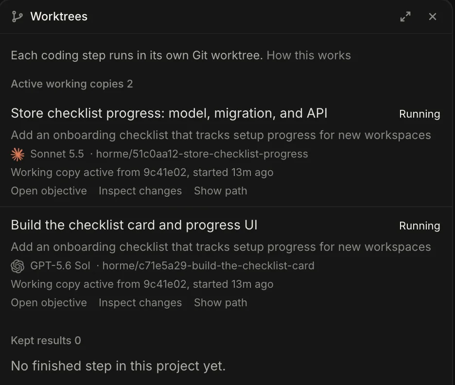 The Worktrees panel. Two missions run at the same time, each in its own working copy on its own branch: Sonnet 5.5 storing checklist progress and GPT-5.6 Sol building the checklist card.