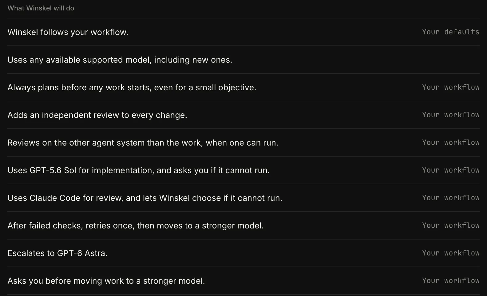 Winskel Settings, Orchestration, Custom: Winskel follows your workflow. It always plans first, adds an independent review on the other agent system, uses GPT-5.6 Sol for implementation, and asks before escalating to GPT-6 Astra.