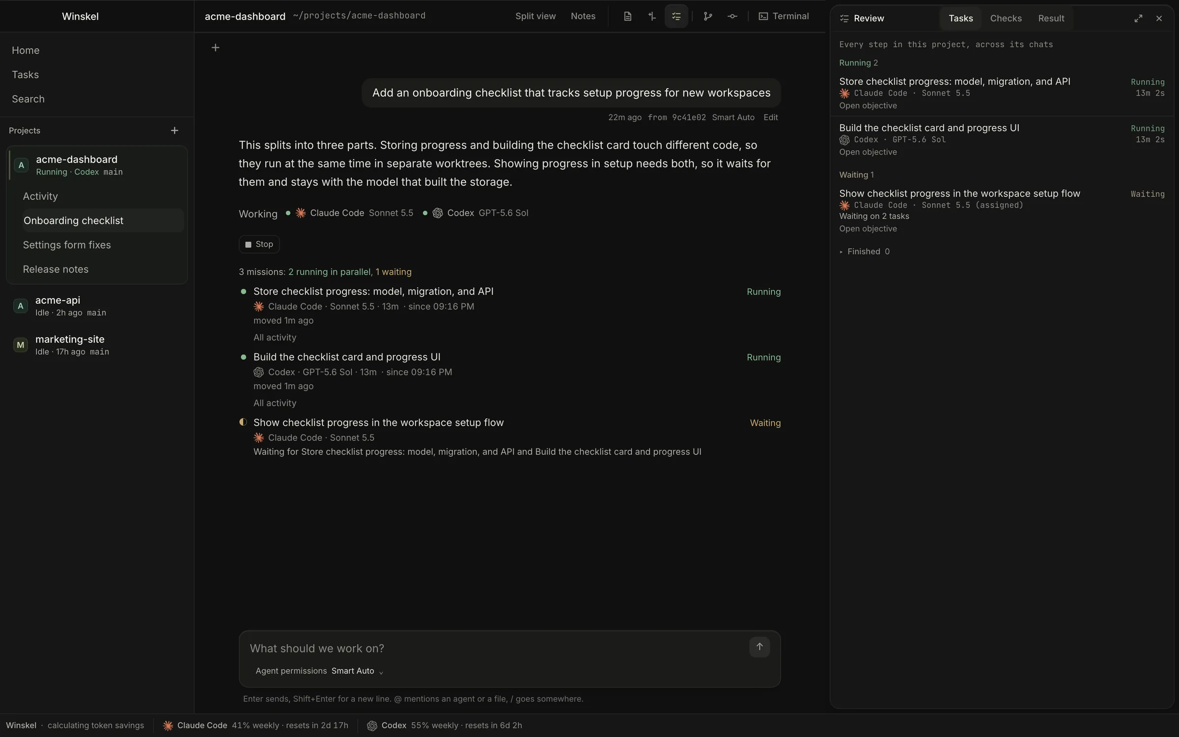 The Winskel app with one objective, add an onboarding checklist. Winskel explains the split: storing progress and building the checklist card touch different code, so they run at the same time; showing progress in setup needs both, so it waits. Claude Code Sonnet 5.5 and Codex GPT-5.6 Sol are running, one mission is waiting, and the Tasks panel lists all three.