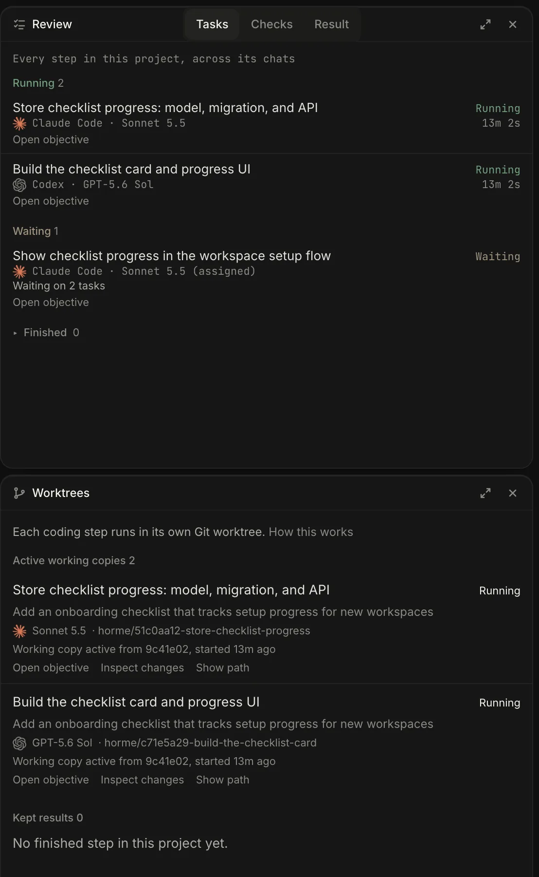 Two Winskel panels. Tasks: two missions running, one on Claude Code Sonnet 5.5 and one on Codex GPT-5.6 Sol, and a third waiting on both. Worktrees: each running mission has its own working copy on its own branch.